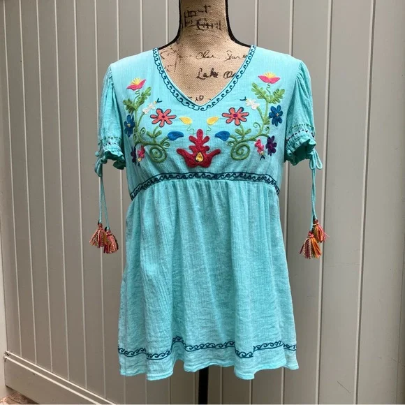Double D Ranch top small turquoise embroidered - Picture 1 of 7